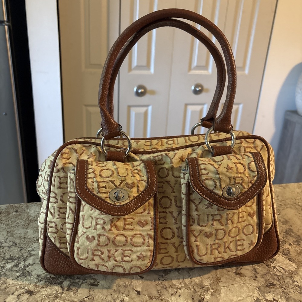 Vintage Y2K Dooney And Bourke Brown Cream Leather Shoulder Double Handle Satchel